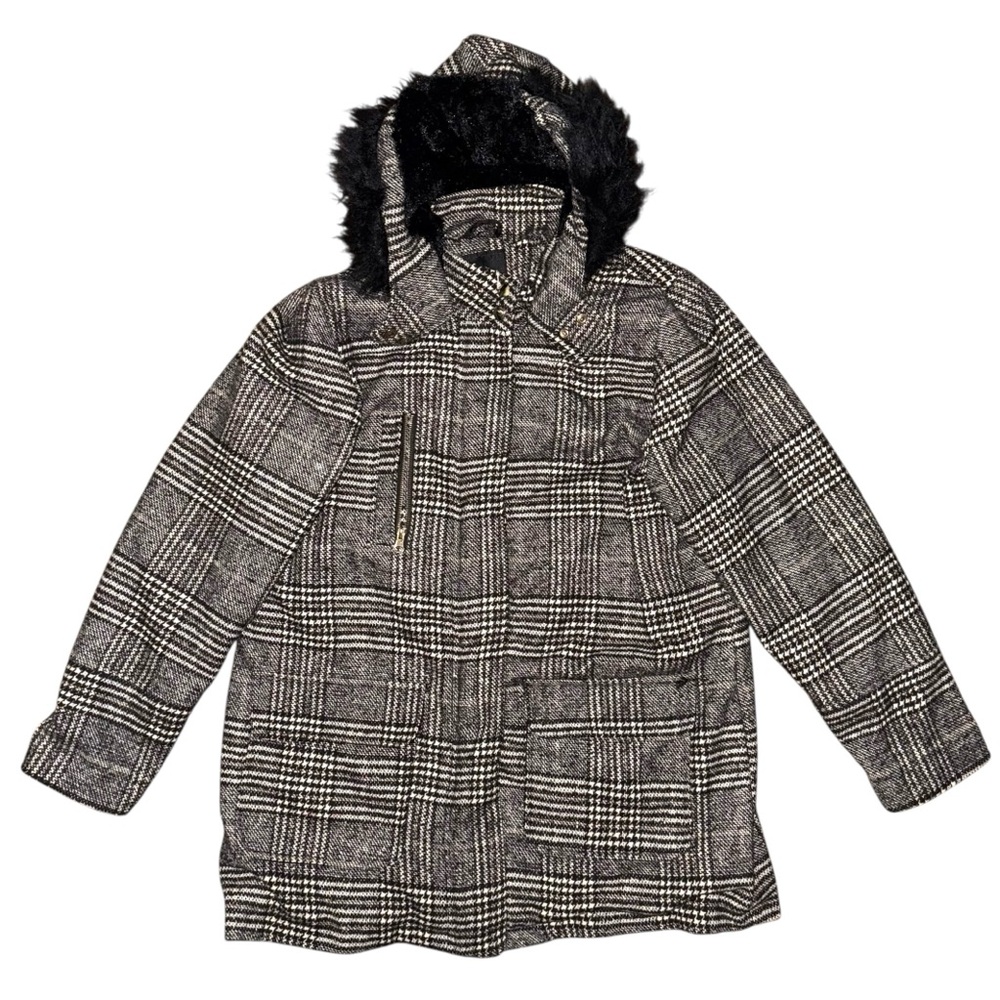 Yoki Plaid Wool Blend Hooded Coat with Faux Fur Trim